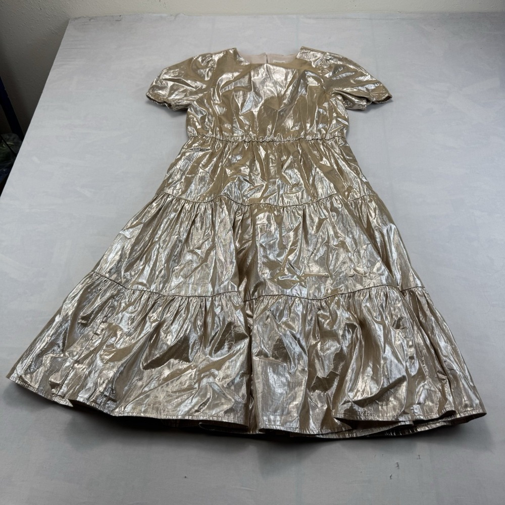 Crewcuts Girls Size 10 Gold Metallic Puff Sleeve Tiered Midi Dress